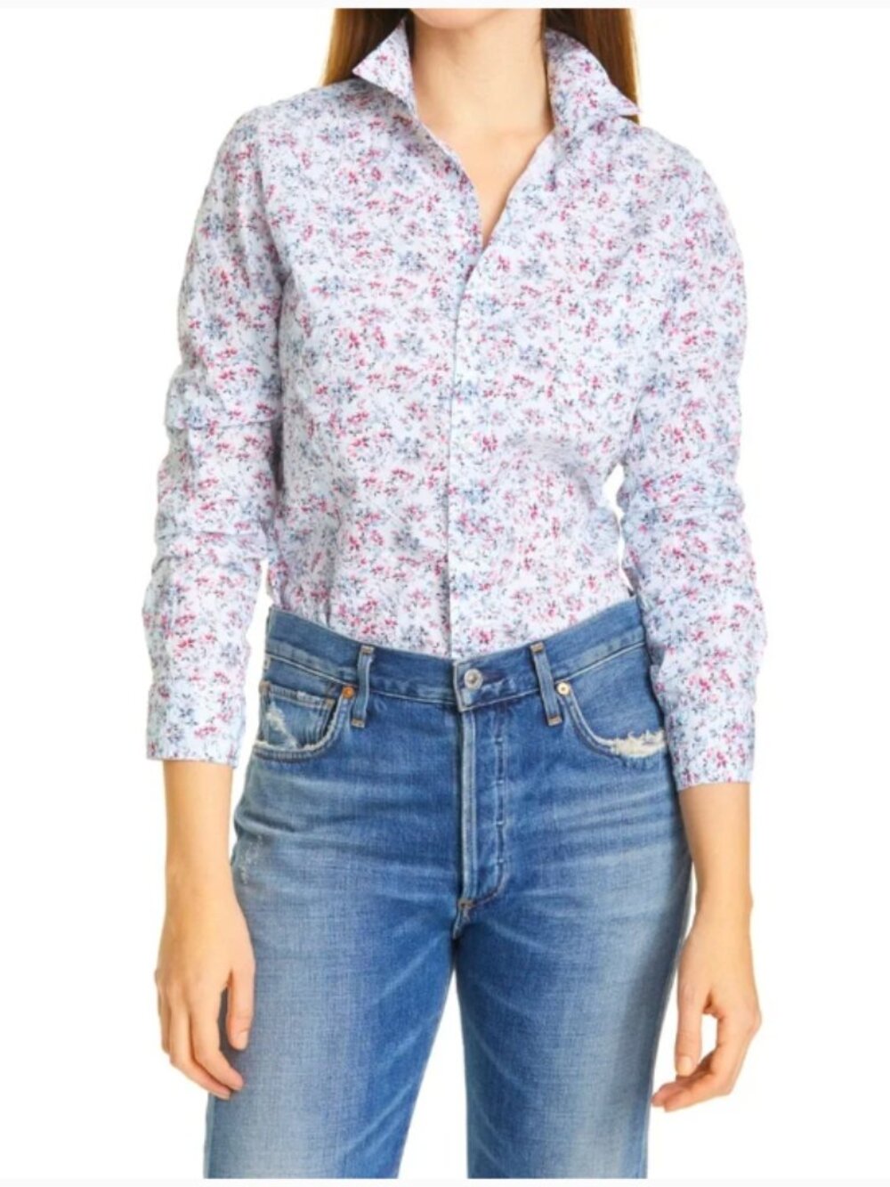 Frank & Eileen Blue & Pink Floral Barry Crinkle Button Down Shirt Women's Large